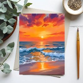 Postal Pintura de la playa del océano al atardecer en la 