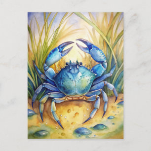 Postal Pintura de la vida oceánica en la playa costera de