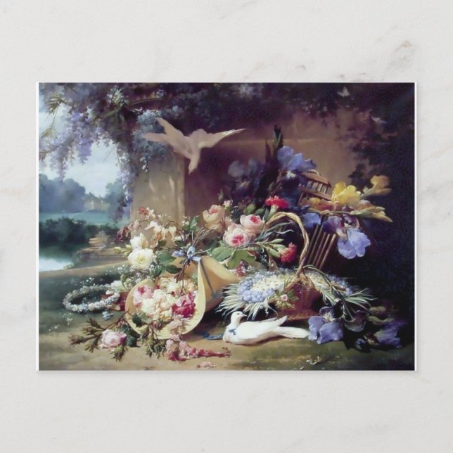 Postal Pintura de las flores de pájaros de palomas blanca (Anverso)