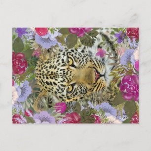 Postal Pintura de leopardo de la selva floral