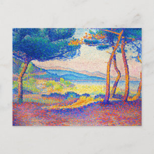 Postal Pintura de los pinares de época a lo largo de la c