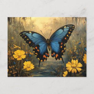 Postal Pintura de mariposa y flores amarillas de época