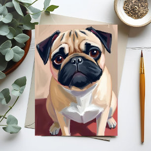Postal Pintura de mascota de perro Pug 