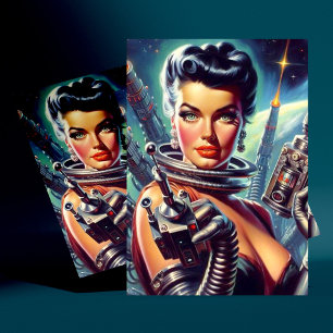 Postal Pintura de mujer de ciencia ficción retro