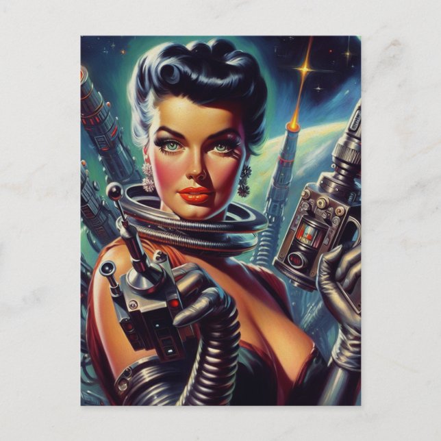 Postal Pintura de mujer de ciencia ficción retro (Anverso)