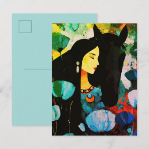 Postal Pintura de Mujer y Caballo Turquesa