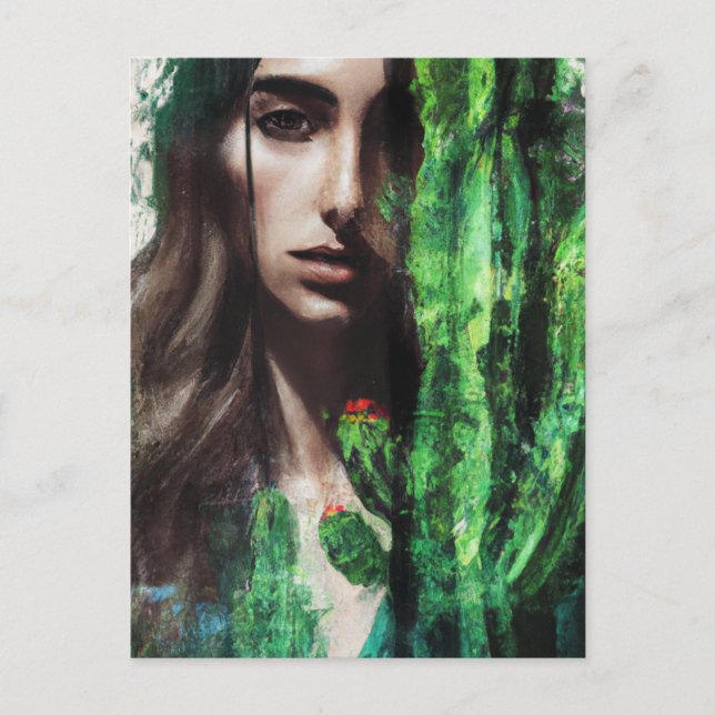 Postal Pintura de mujer y cactus (Anverso)
