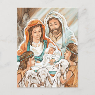Postal Pintura de natividad con niños pastores