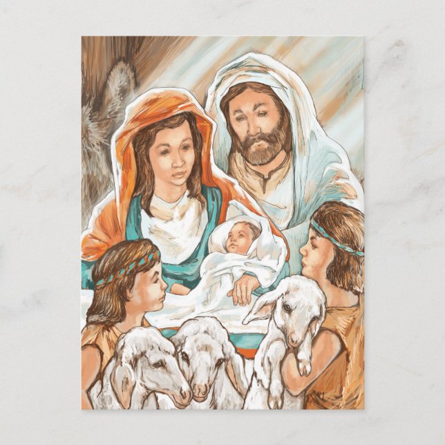 Postal Pintura de natividad con niños pastores (Anverso)