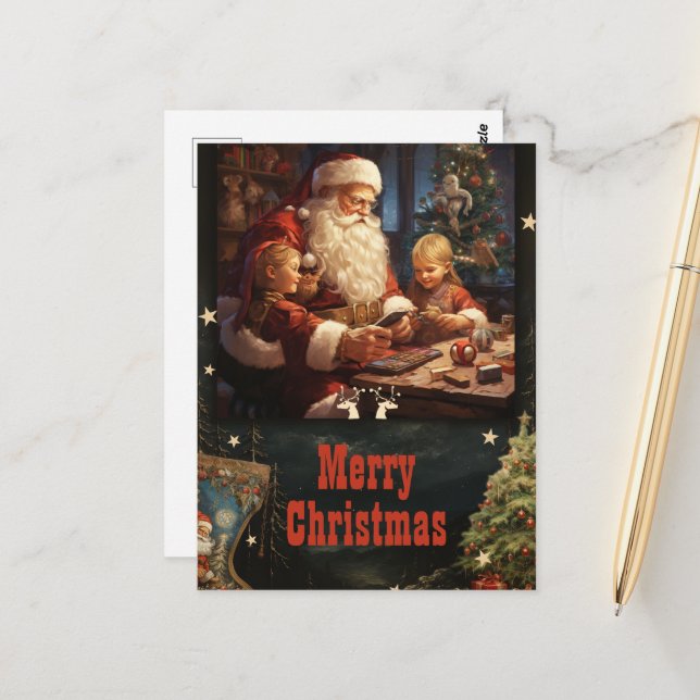 Postal Pintura de Navidades de Santa Claus y Niños (Anverso/Reverso In Situ)