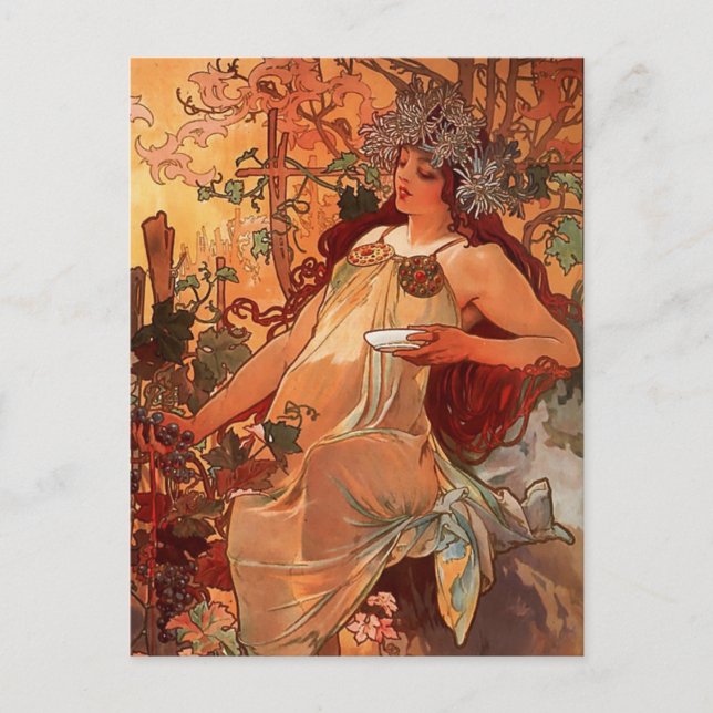 Postal Pintura de otoño de Alfons Mucha Art Nouveau (Anverso)