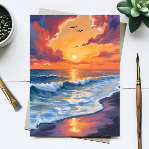 Postal Pintura de paisaje marino de olas de puesta de sol