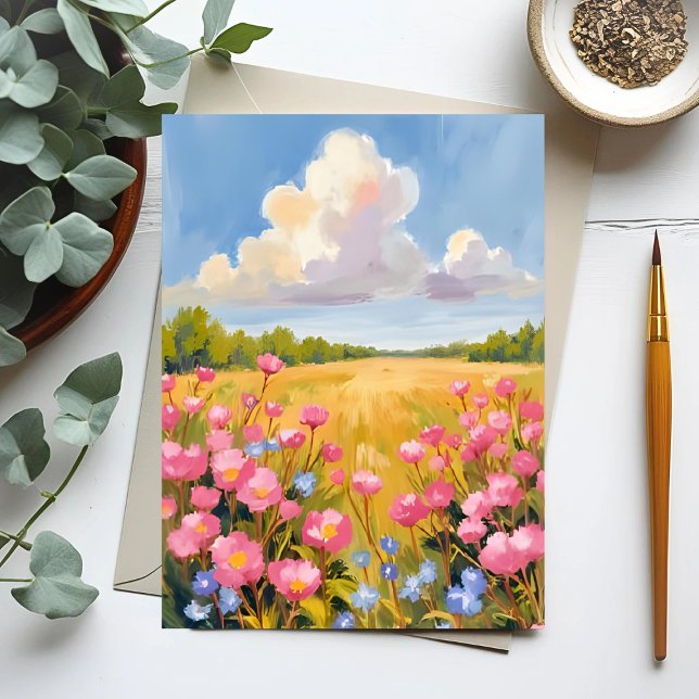 Postal Pintura de paisajes de campo de flores rosadas (Subido por el creador)