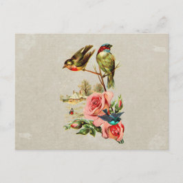 Postal Pintura de paisajes de pájaros y Rosas de época