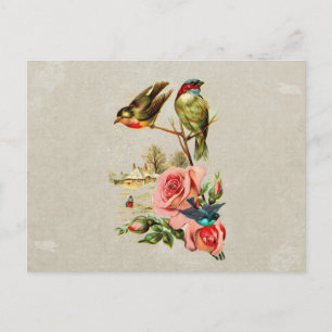 Postal Pintura de paisajes de pájaros y Rosas de época
