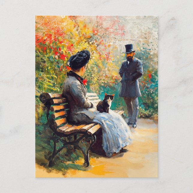 Postal Pintura de pareja en el jardín con gato en el laúd (Anverso)