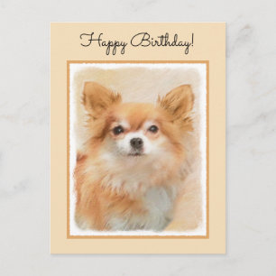 Postal Pintura de perro Chihuahua de pelo largo Arte orig