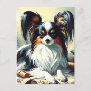 Postal Pintura de perro de Papillon de época