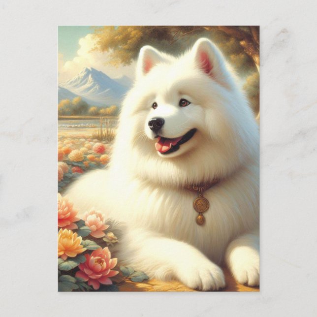 Postal Pintura de perro de Samoyed de época (Anverso)