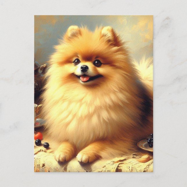 Postal Pintura de perro pomerania vintage (Anverso)