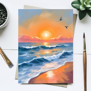 Postal Pintura de playa al acuarela de puesta de sol oceá