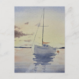 Postal Pintura de playa con un barco Acuarela 