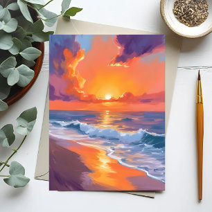 Postal Pintura de playa de puesta de sol naranja de hora