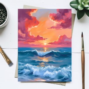 Postal Pintura de puesta de sol en el océano con acuarela
