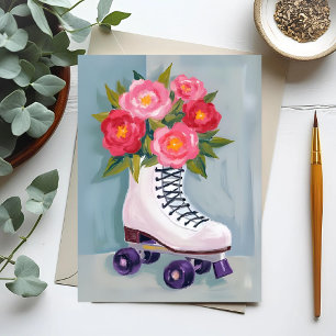 Postal Pintura de ramo de rosas con patines de ruedas