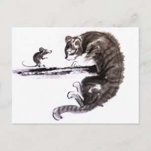 Postal Pintura de sumiso de gato y ratón