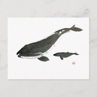 Postal Pintura de tinta de mamás de ballena gris y de beb
