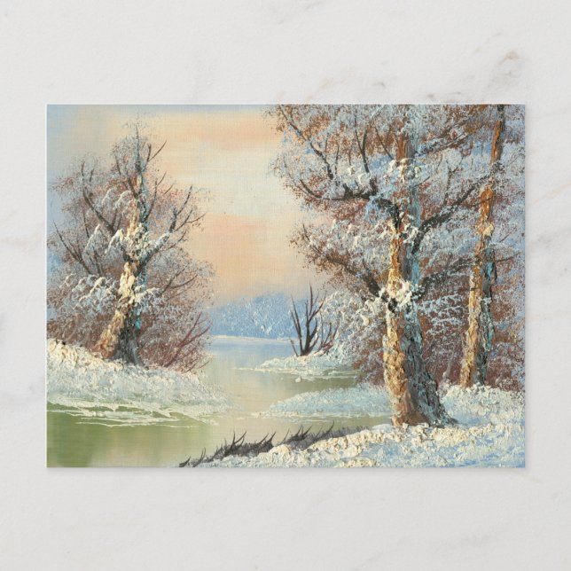 Postal Pintura de un bosque de invierno y río (Anverso)