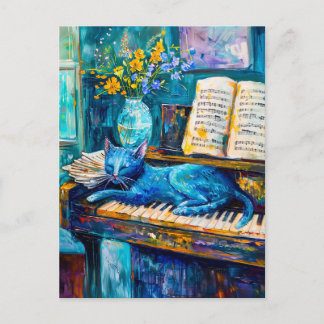 Postal Pintura de un gato durmiendo en un piano