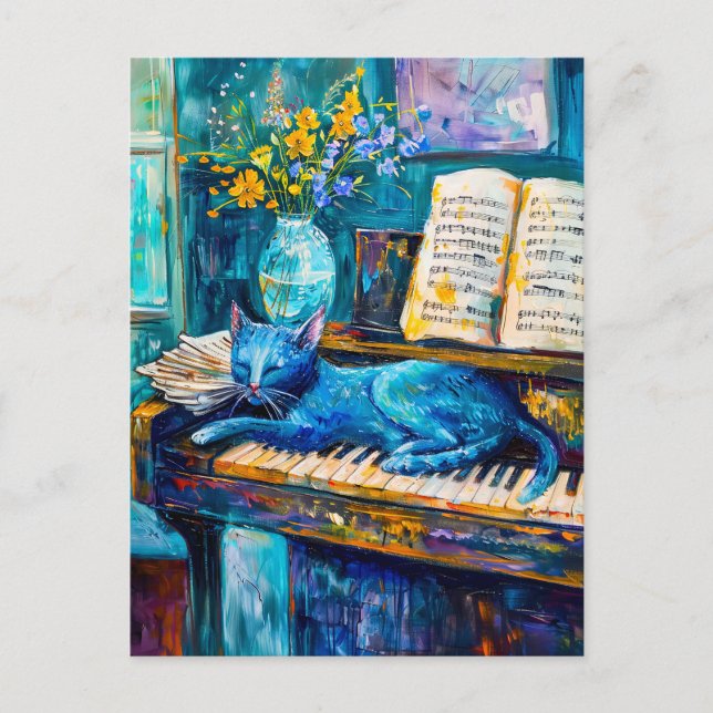 Postal Pintura de un gato durmiendo en un piano (Anverso)