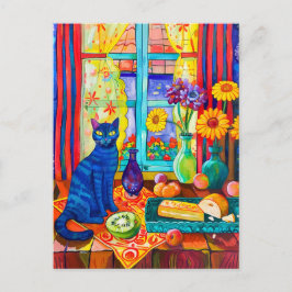 Postal Pintura de un gato en la mesa de cocina por ventan
