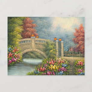 Postal Pintura De Un Puente Caminante Rodeado De Flores