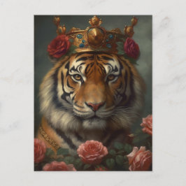 Postal Pintura de un tigre con corona y Rosas