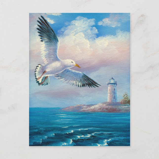 Postal Pintura De Una Gaviota Volando Cerca De Un Faro (Anverso)