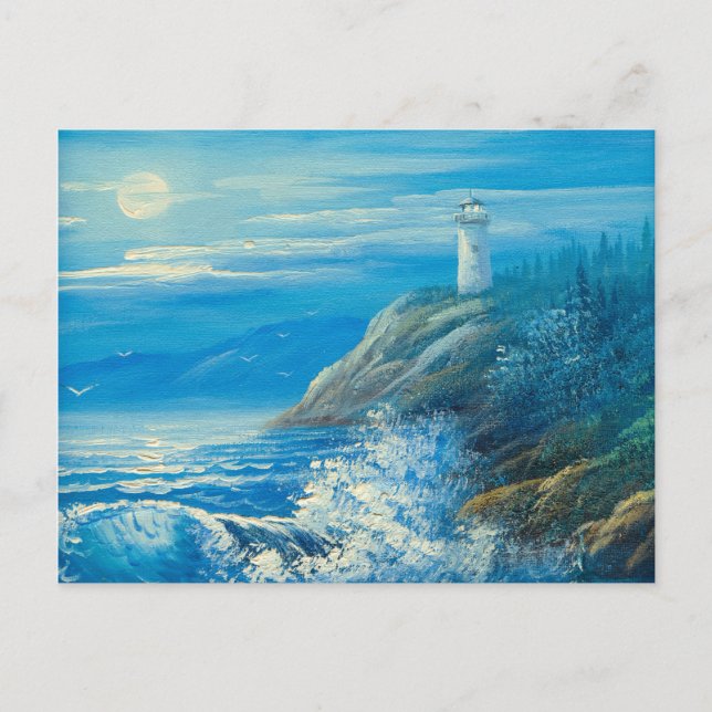 Postal Pintura De Una Luna Llena Sobre Un Faro (Anverso)