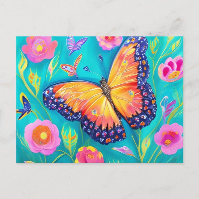 Postal Pintura de una mariposa en un campo de flores (Anverso)