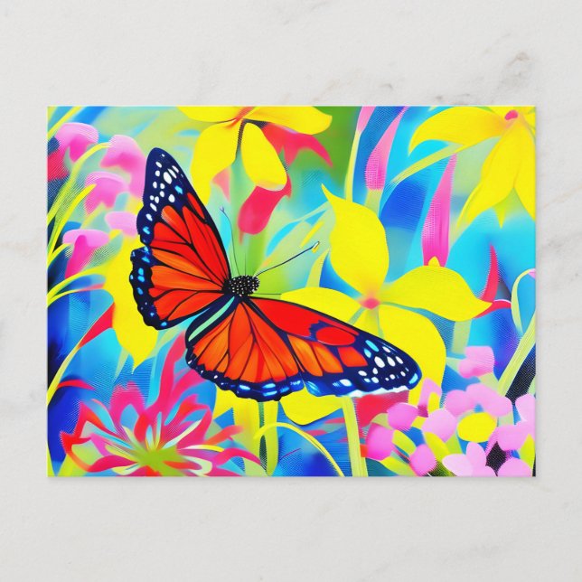 Postal Pintura de una mariposa sobre las flores (Anverso)