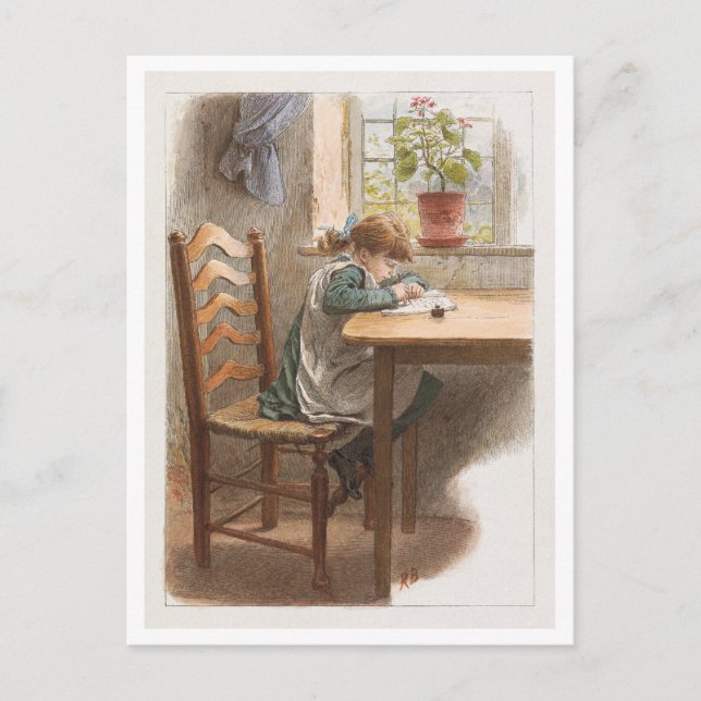 Postal Pintura de una niña escribiendo (Anverso)