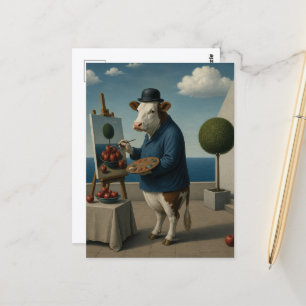Postal Pintura de vaca divertida surrealista de manzana e