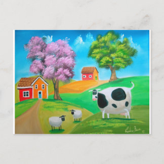 Postal Pintura de vaca y oveja colorida en arte folclóric