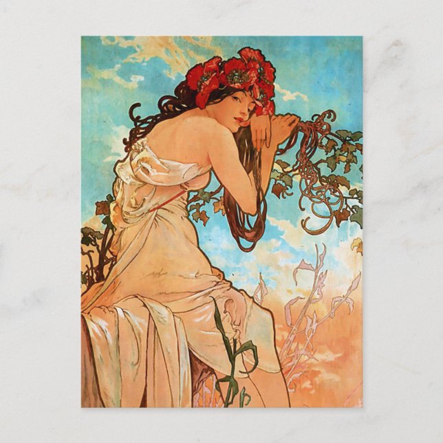 Postal Pintura de verano de Alfons Mucha Art Nouveau (Anverso)