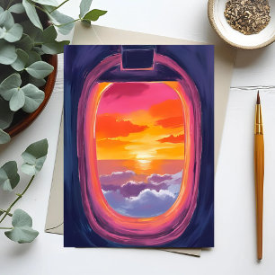 Postal Pintura de viaje en avión al atardecer en asiento 