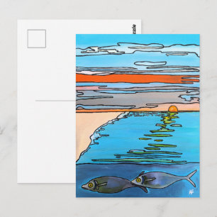 Postal Pintura del amanecer en el océano de 8 bits por Al