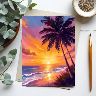 Postal Pintura del atardecer en la playa de Hawái Viaje