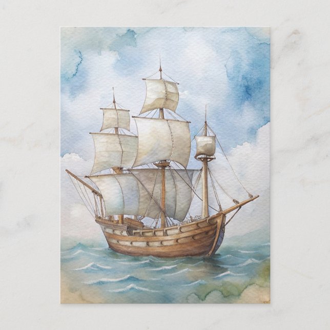 Postal Pintura del buque Mayflower de Plymouth Massachuse (Anverso)