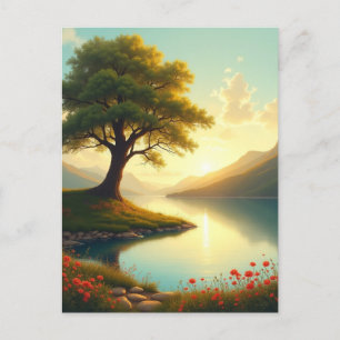 Postal Pintura del paisaje del lago de árboles